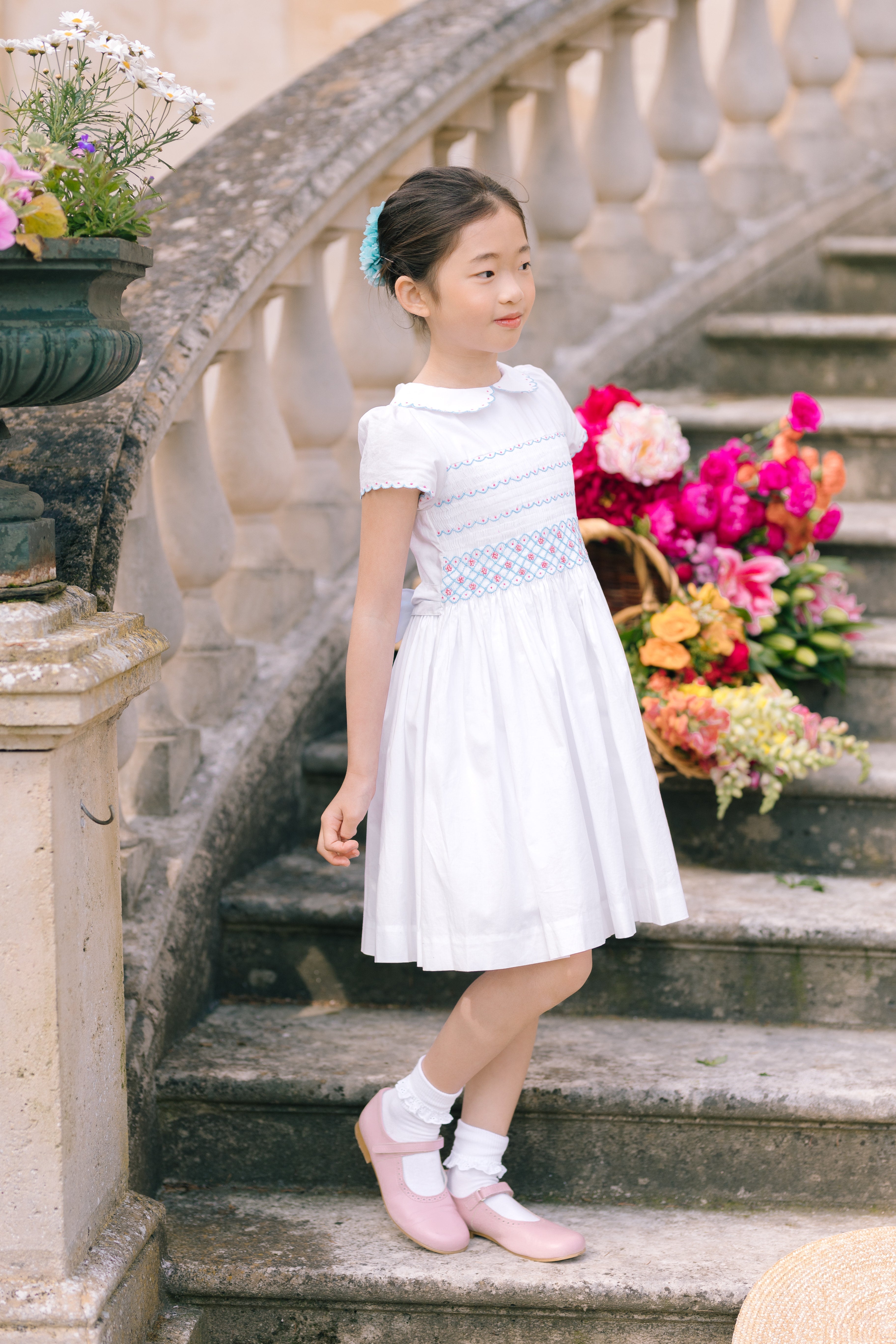 Cassis White Short Sleeve Smocked Dress Cassis White Short Sleeve Smocked Dress