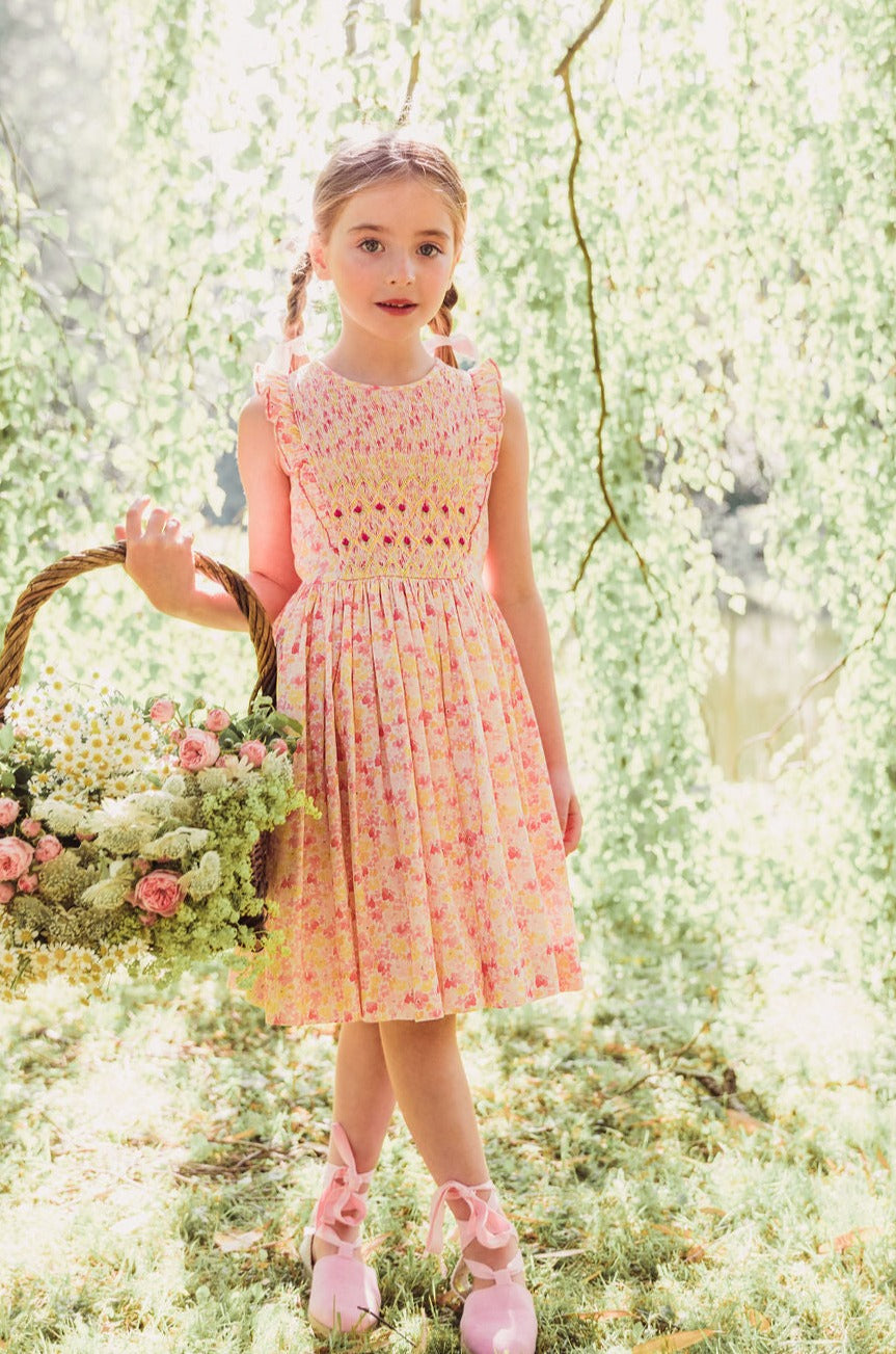 pink floral smocked dress Pink Floral Flutter Sleeve Midi Dress - Smocked Dresses