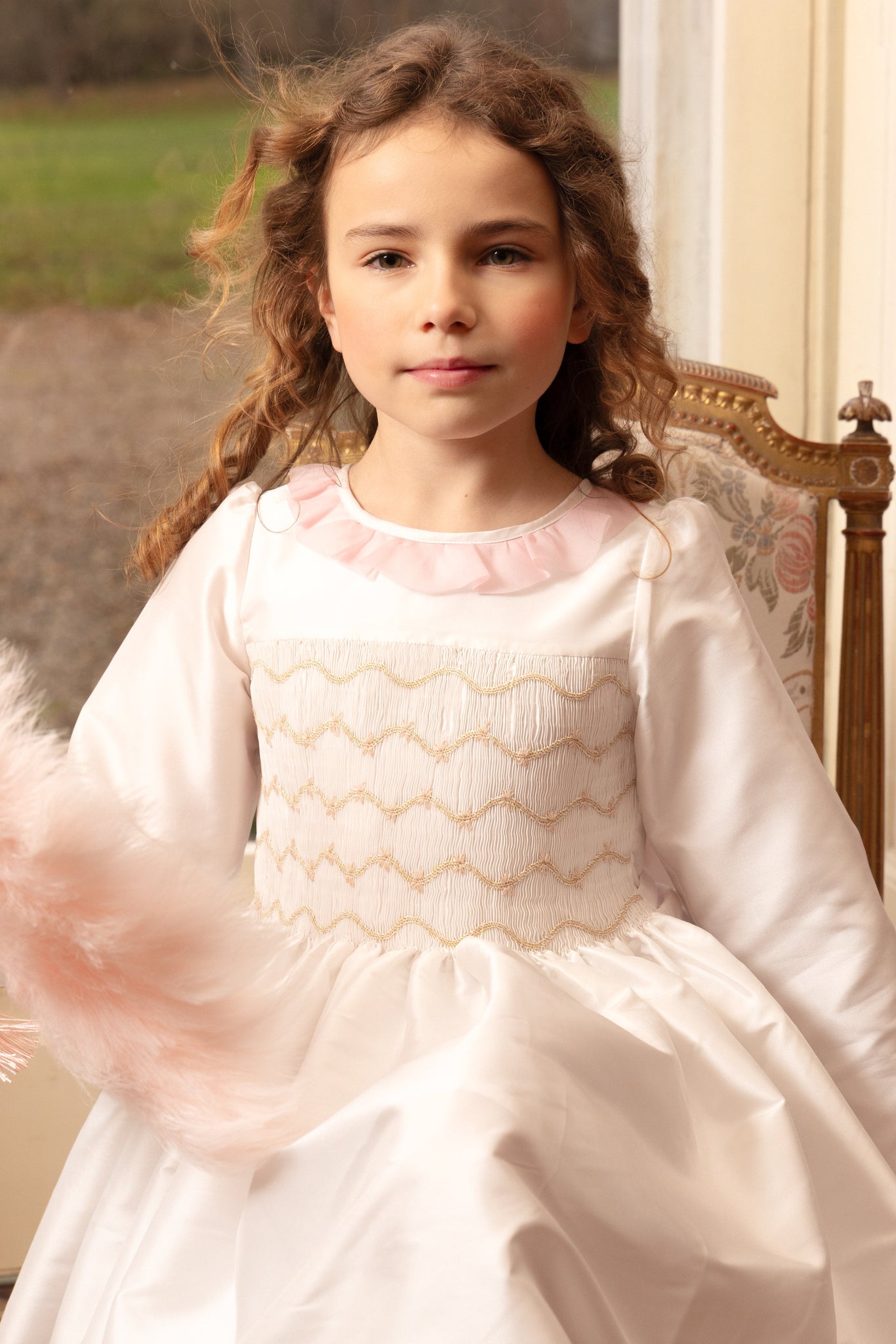 Sofia White Taffeta Long Sleeve Smocked Dress