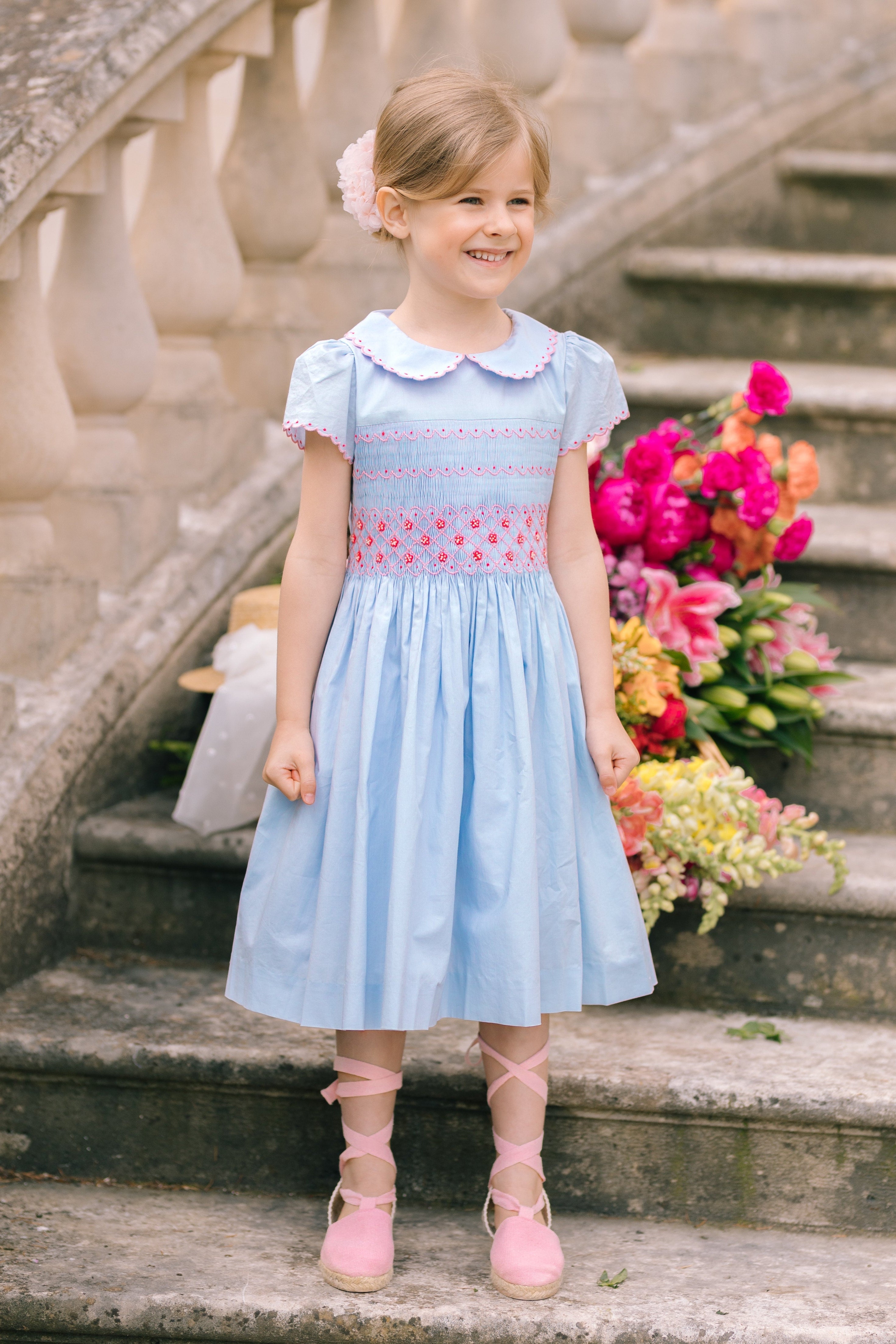 Simple White Girls Silk Dress Smocked Flower Girl Dress Hand Smocked Short  Sleeve Dress In Sky