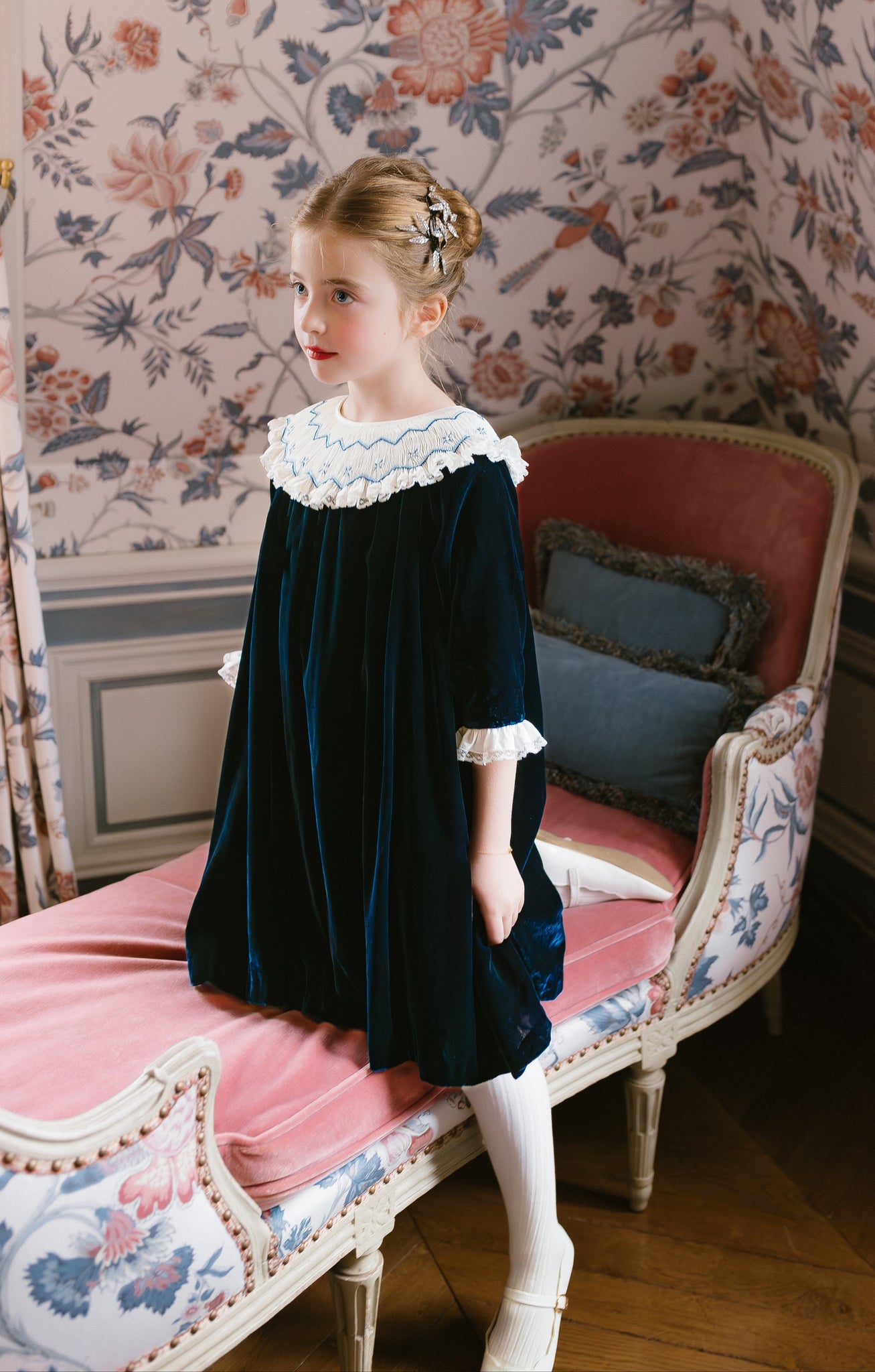 Celeste Navy Velvet Long Sleeve Bishop Dress