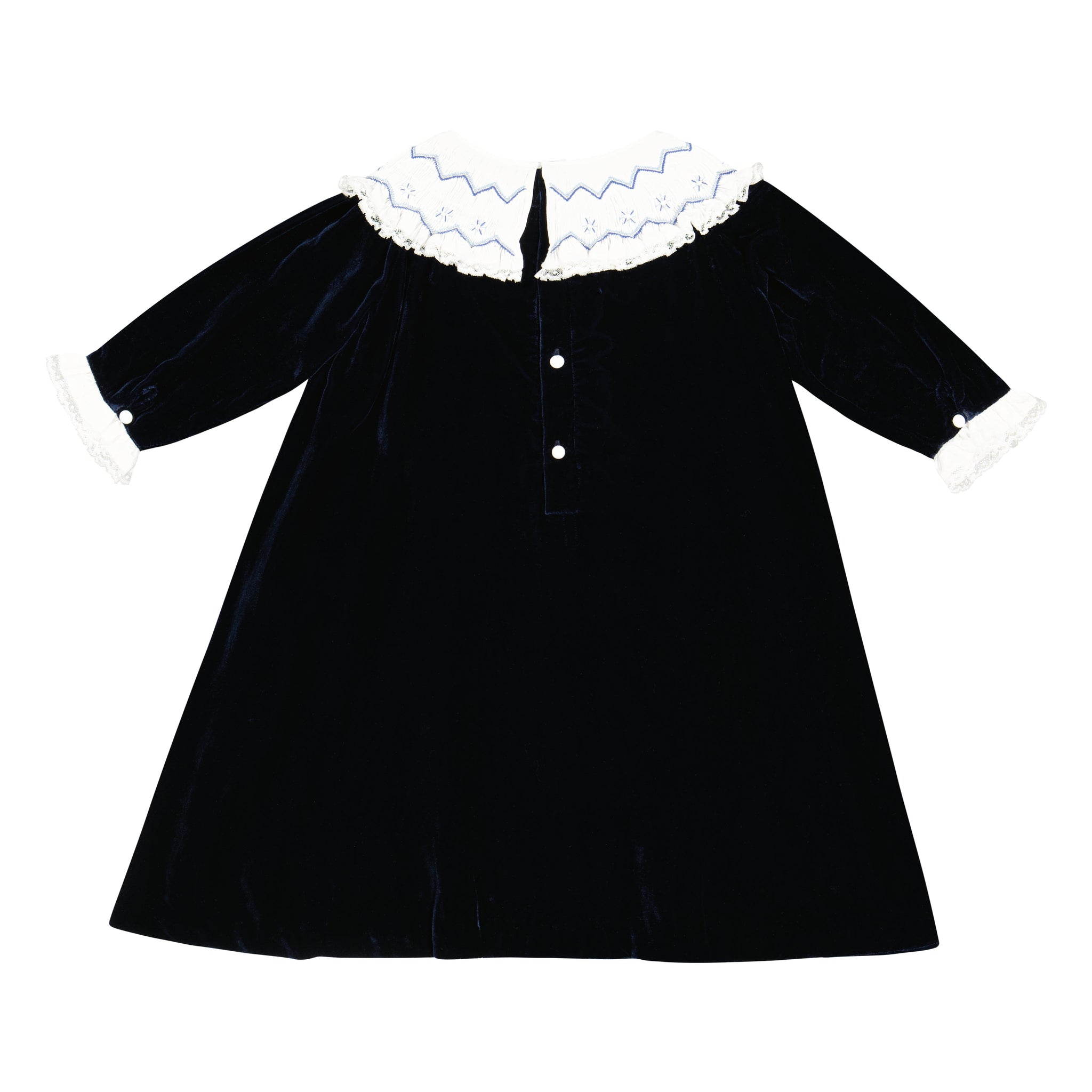Back of Celeste Navy Velvet Long Sleeve Bishop Dress