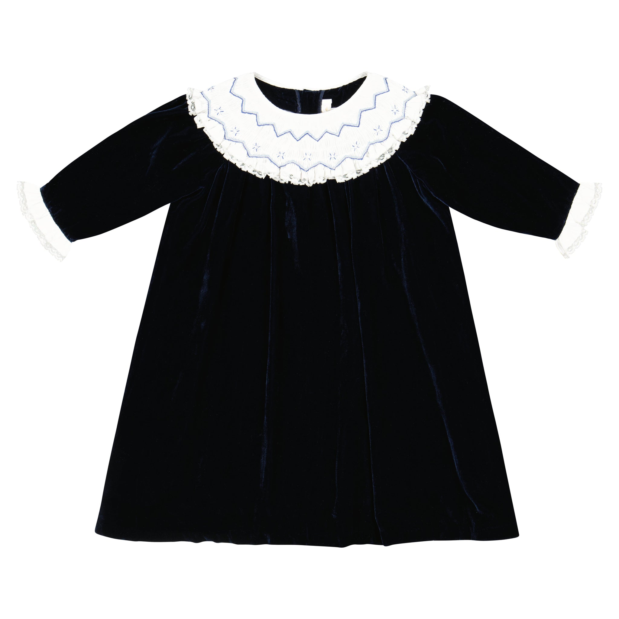 Front of Celeste Navy Velvet Long Sleeve Bishop Dress