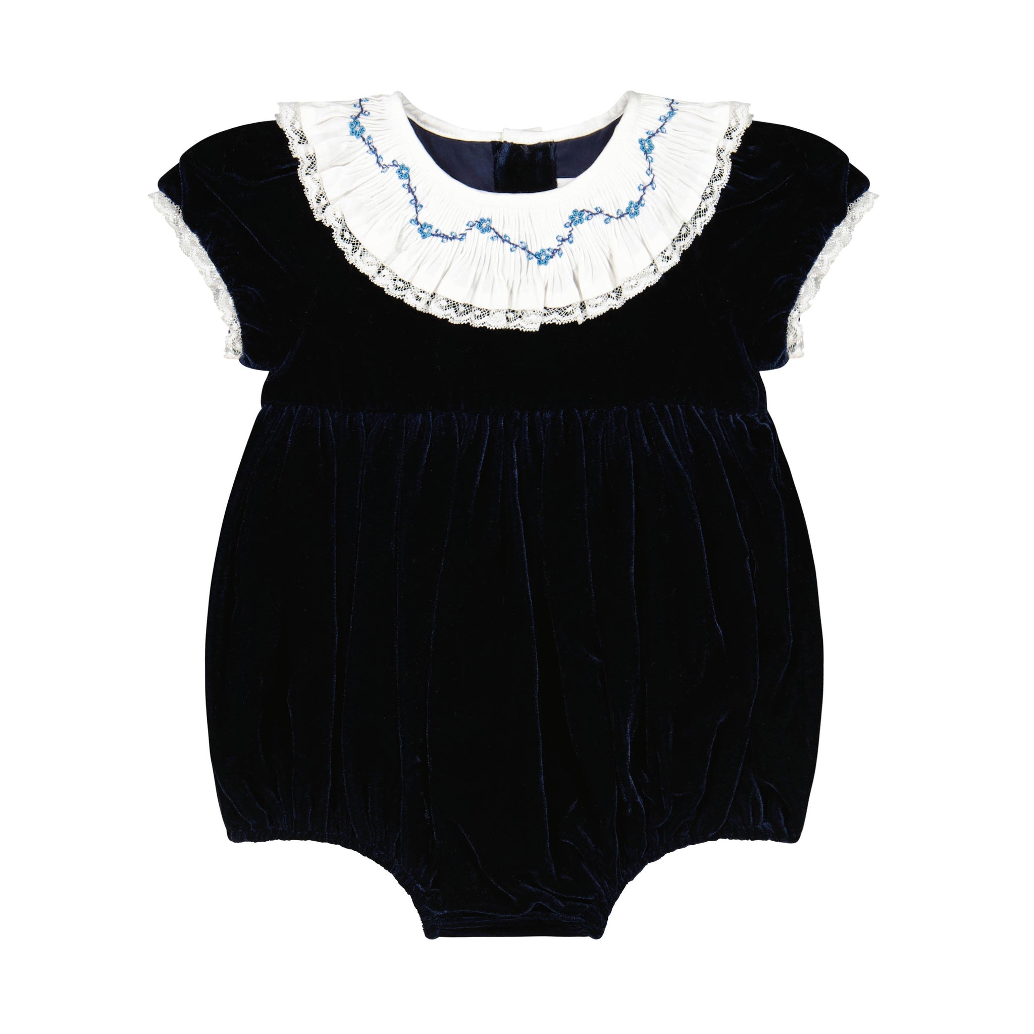 Front of Celestine Navy Velvet Smocked Romper