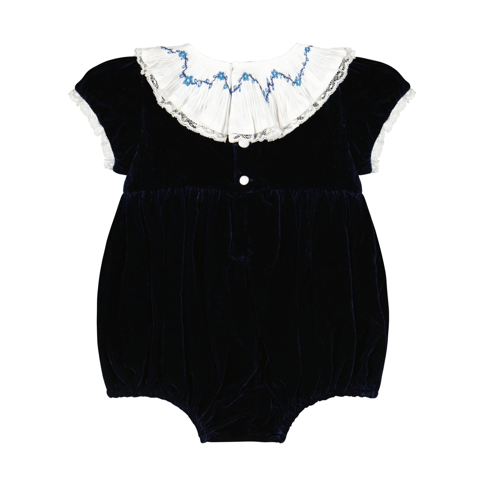 Back of Celestine Navy Velvet Smocked Romper