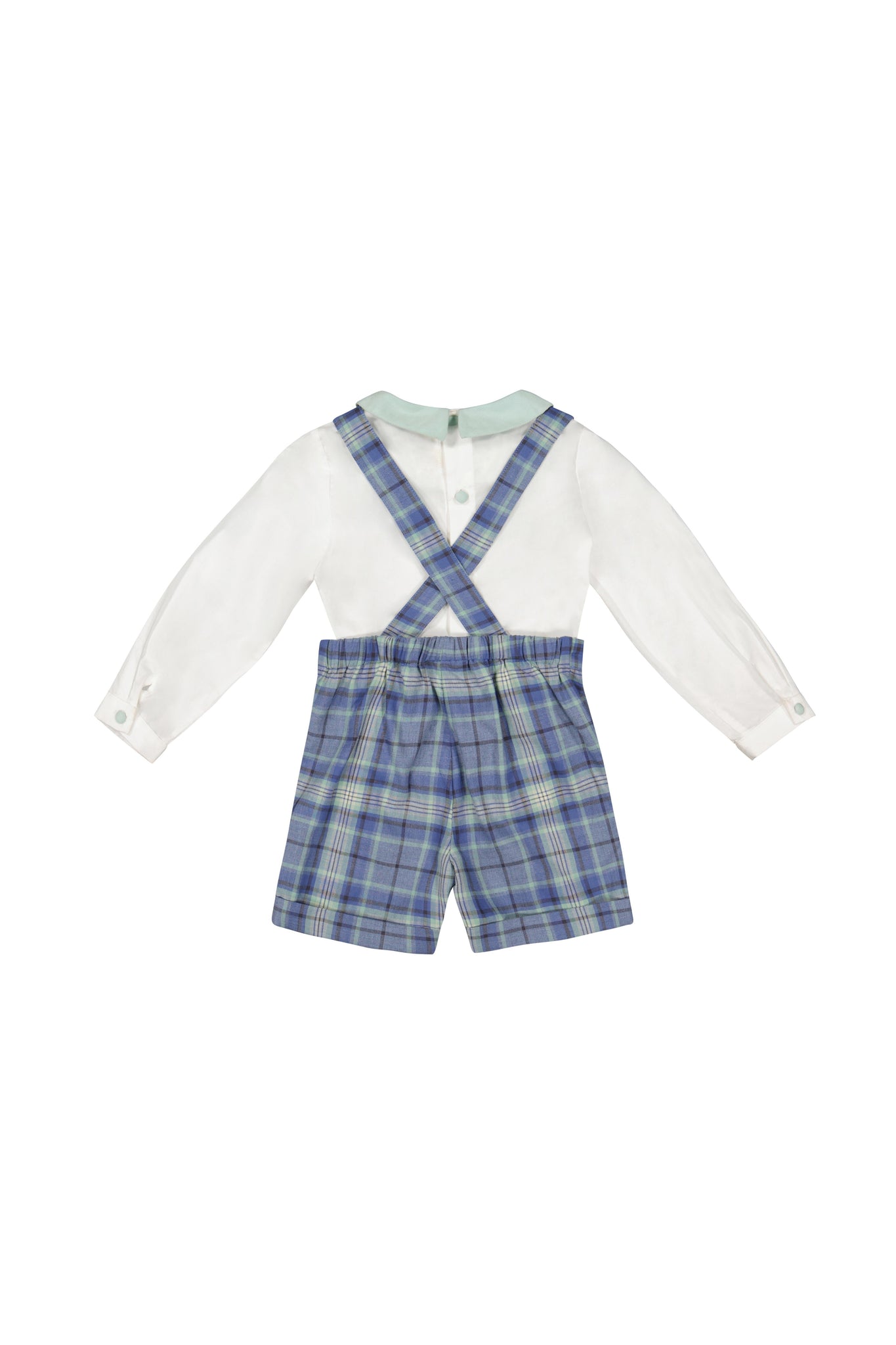 Back of George Blue Tartan Overalls and Shirt