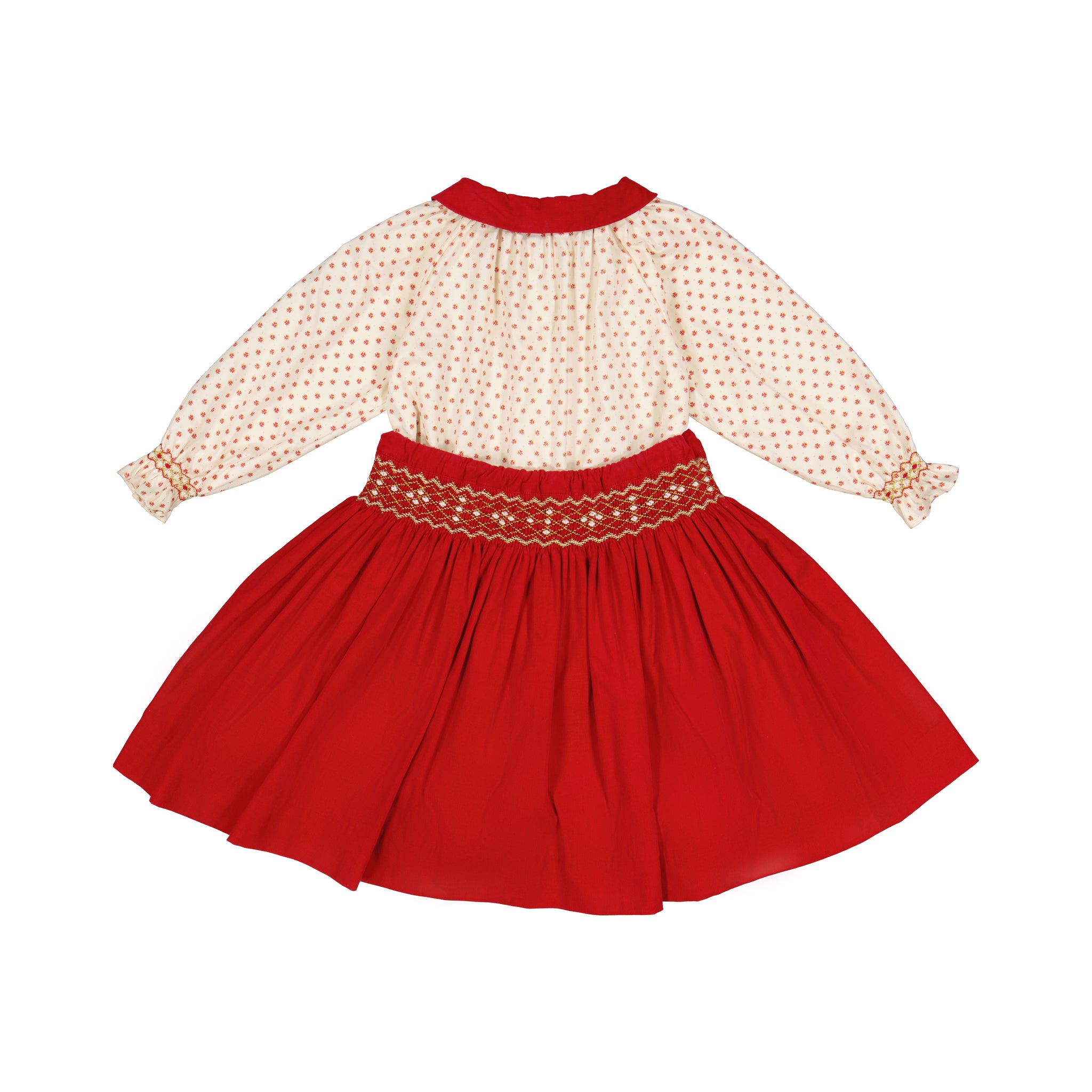 MARIE - ENSEMBLE JUPE A SMOCK ROUGE ET BLOUSE ASSORTIE