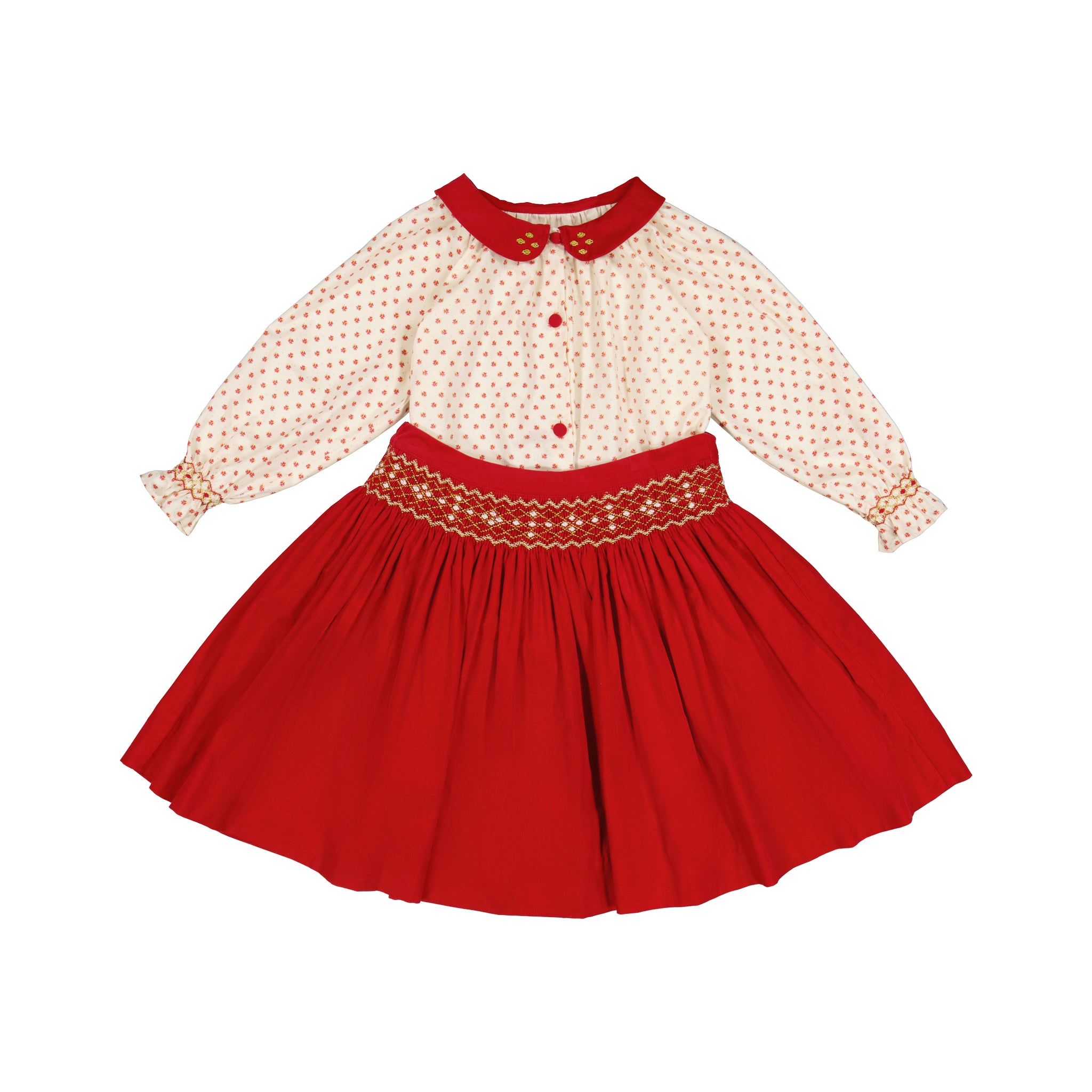 MARIE - ENSEMBLE JUPE A SMOCK ROUGE ET BLOUSE ASSORTIE