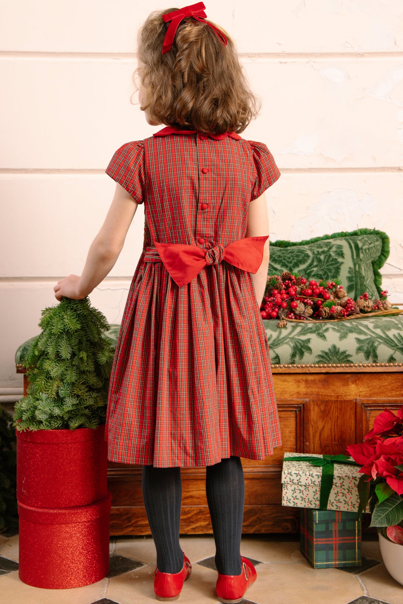 red smocked dress Celestine Floral 6Y designed in Paris with sophisticated V Neck Smocked Maxi Dress