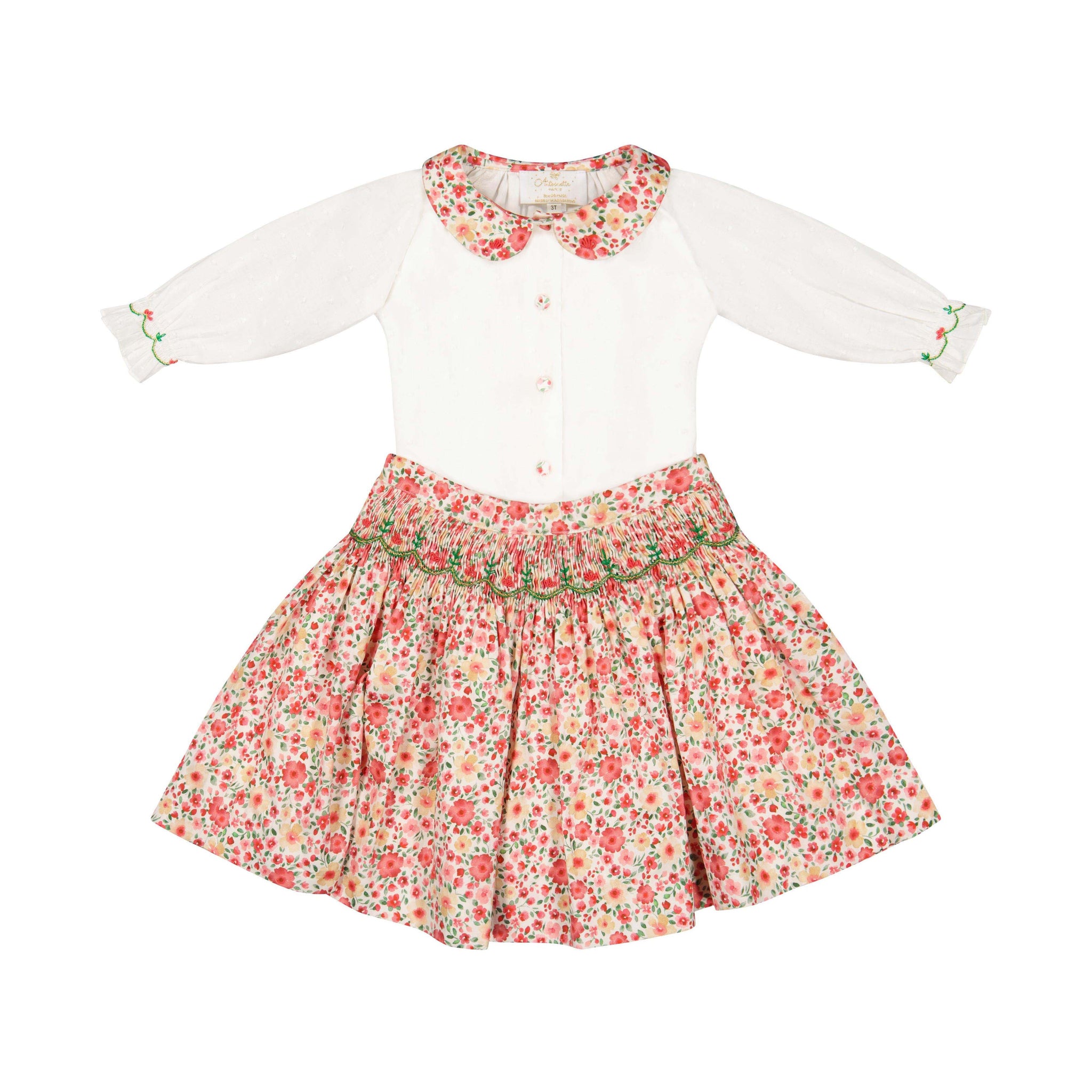 Front of Marie Red Floral Smocked Skirt and Blouse Set
