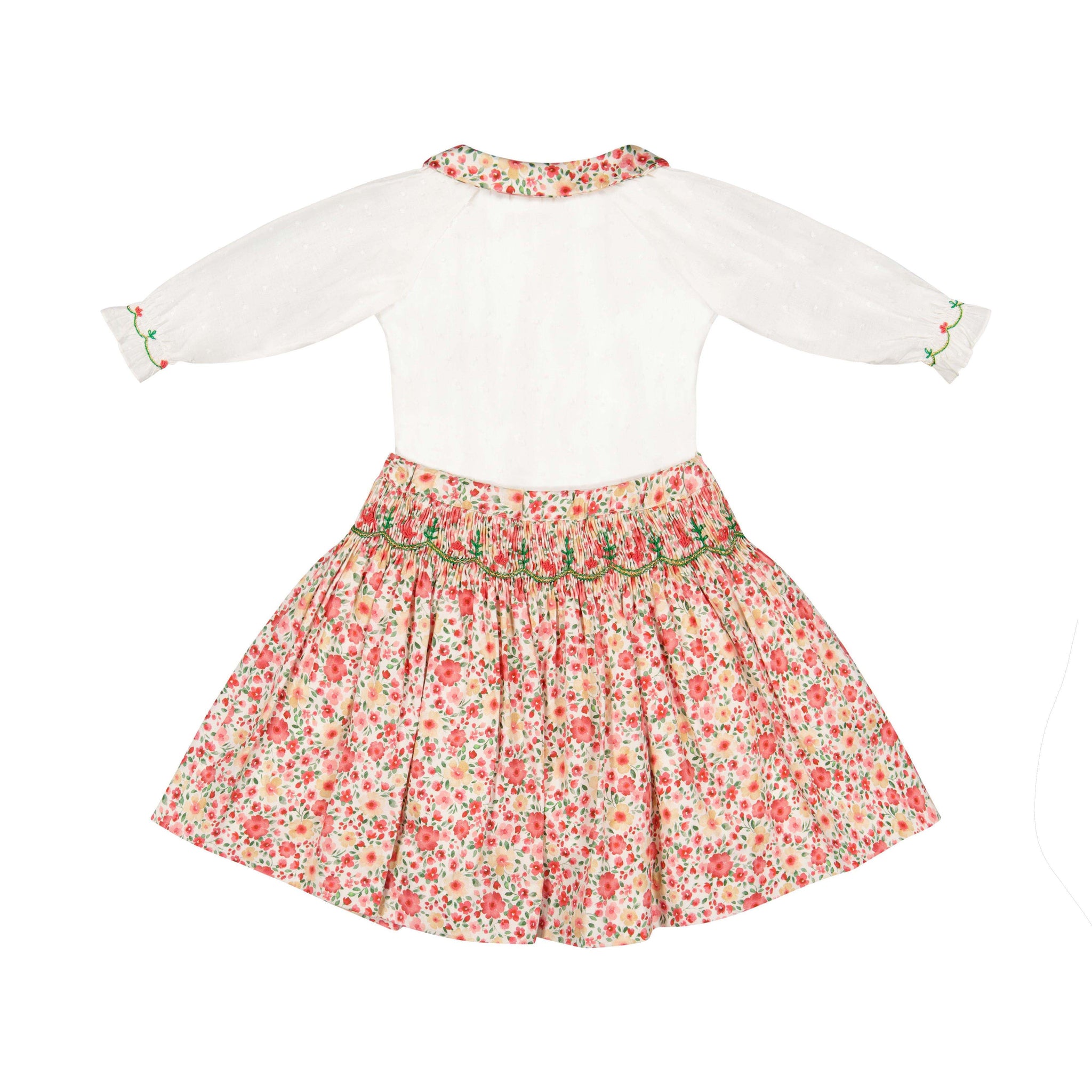 Back of Marie Red Floral Smocked Skirt and Blouse Set