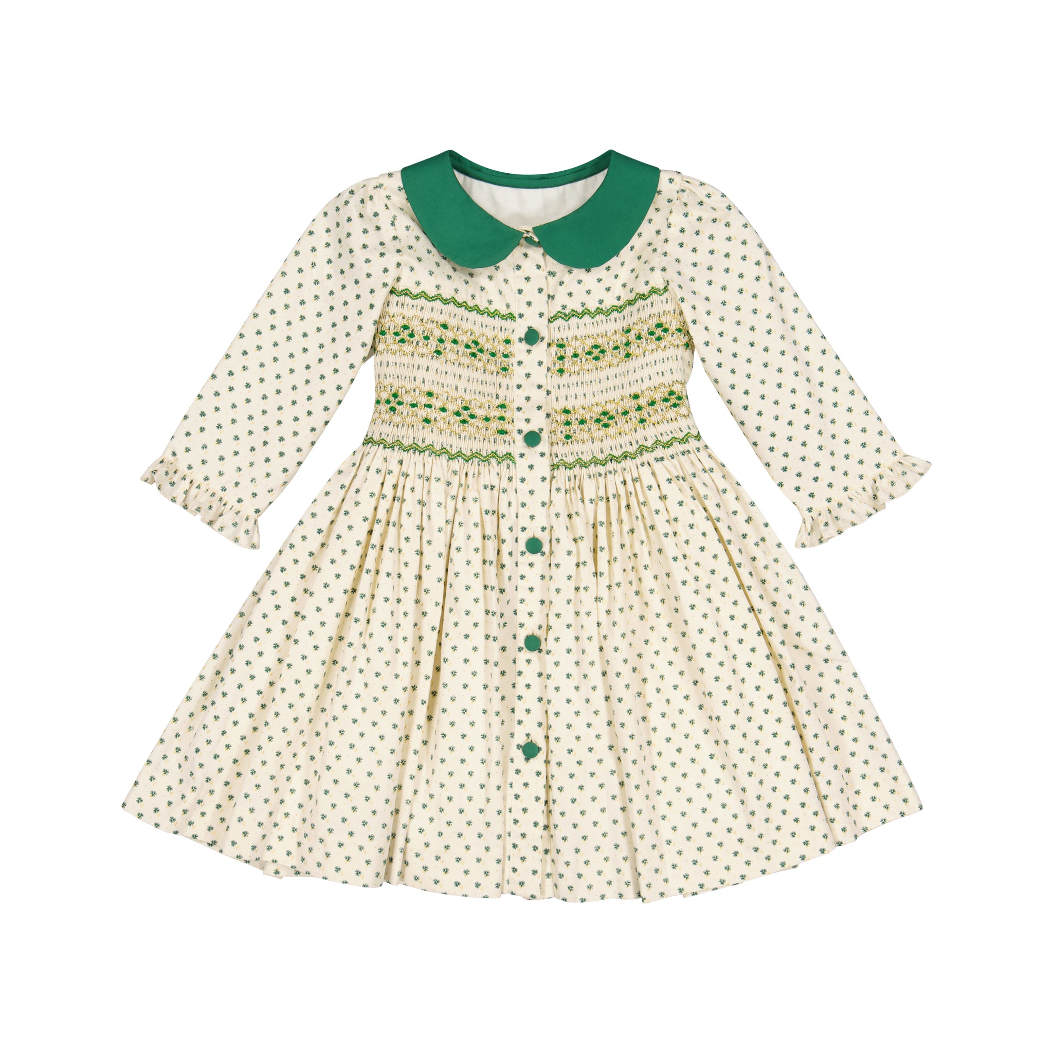 OLYMPE - ROBE A SMOCK A MANCHES LONGUES IMPRIME VERT