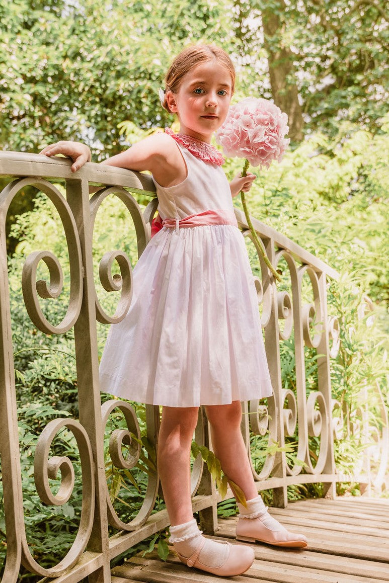 PEONY WHITE SMOCKED DRESS WITH PINK EMBROIDERED COLLAR