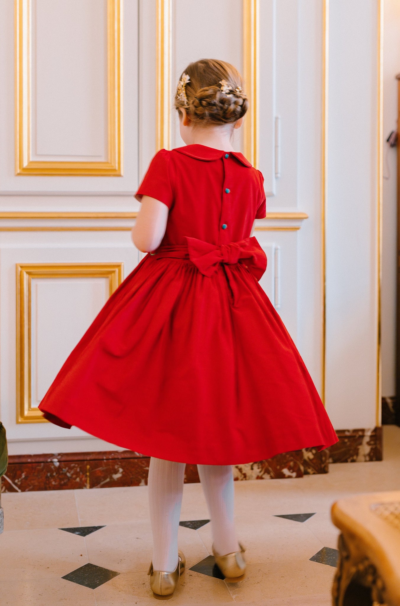 STELLA - ROBE A SMOCK MANCHES COURTES EN VELOURS COTELE ROUGE