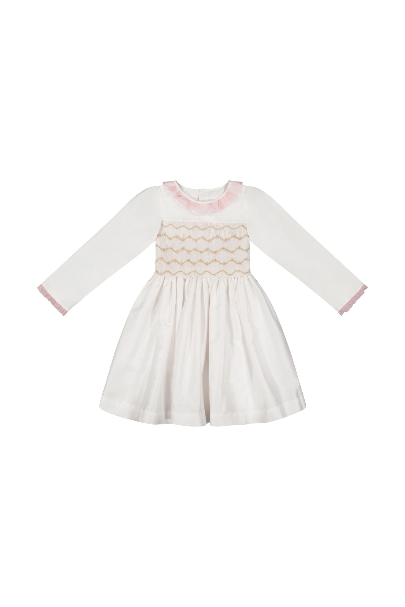 Front of Sofia White Taffeta Long Sleeve Smocked Dress