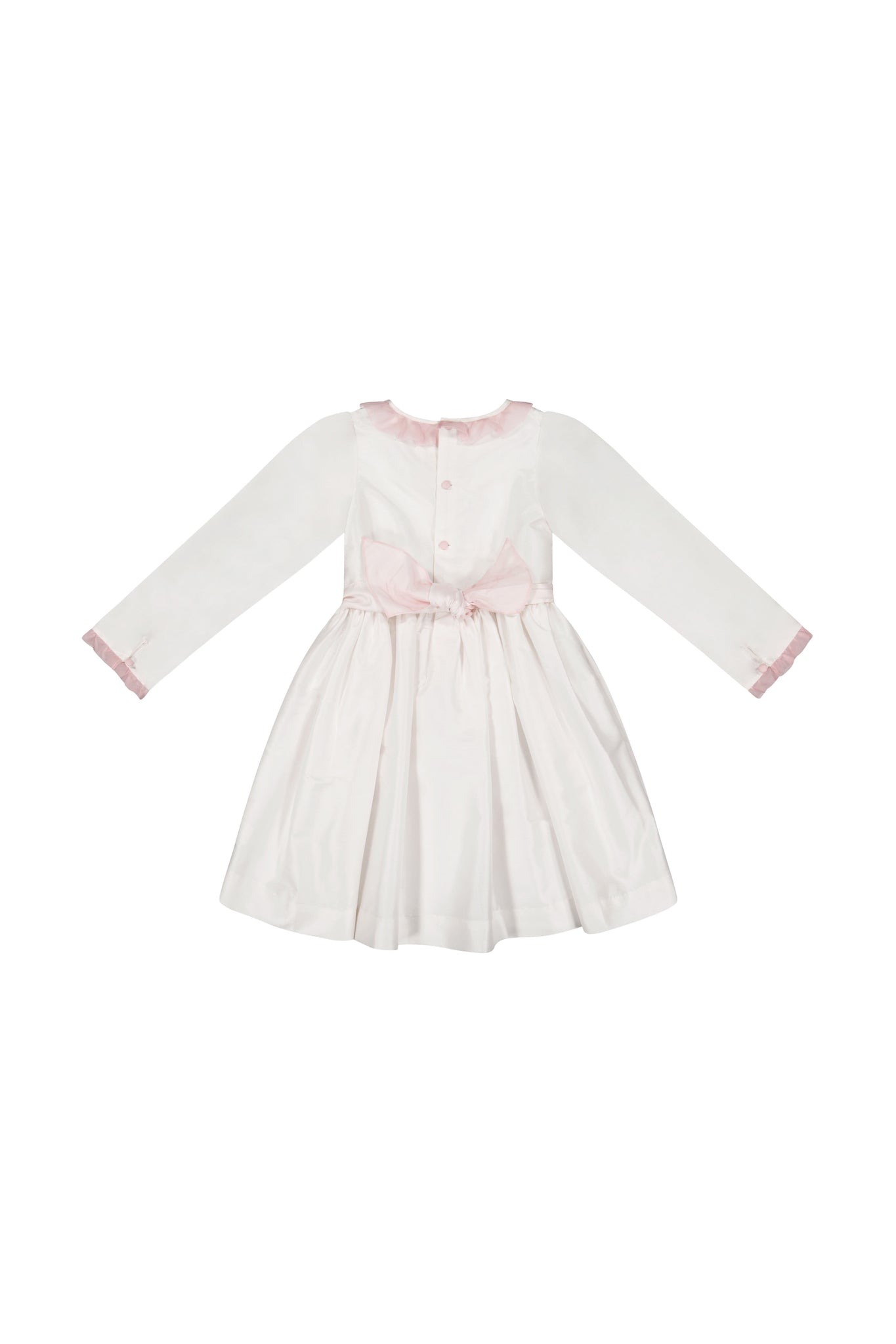 Back of Sofia White Taffeta Long Sleeve Smocked Dress