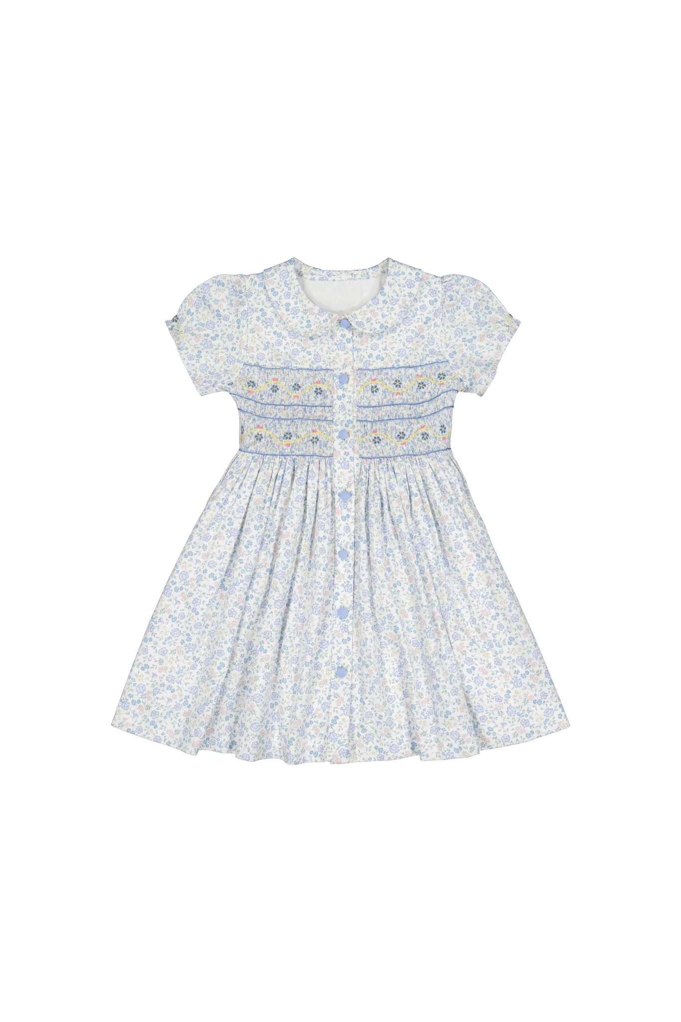 Violette Floral Blue Short Puff Smocked Dress