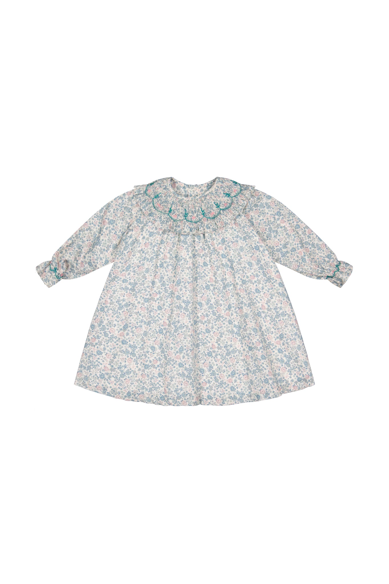Front of Yse Blue Floral Long Sleeve Bishop Dress